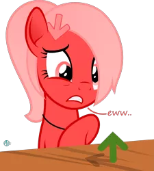 Size: 1999x2225 | Tagged: safe, artist:arifproject, derpibooru import, oc, oc:downvote, ponified, unofficial characters only, pony, derpibooru, derpibooru ponified, dialogue, disgusted, eww, meta, ponytail, simple background, solo, table, transparent background, upvote, vector