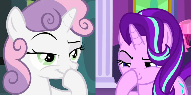 Size: 942x471 | Tagged: safe, derpibooru import, edit, screencap, starlight glimmer, sweetie belle, pony, unicorn, family appreciation day, no second prances, boop, comparison, cropped, devious, exploitable meme, glimmerposting, lidded eyes, meme, raised eyebrow, scheming belle, self-boop, smiling, smirk, solo