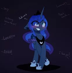 Size: 1480x1498 | Tagged: safe, artist:magnaluna, derpibooru import, princess luna, alicorn, pony, awkward, blue background, blushing, chest fluff, colored wings, colored wingtips, crossed legs, cute, cute little fangs, dialogue, ethereal mane, eye clipping through hair, fangs, female, floppy ears, forced smile, grin, heart, lunabetes, mare, nervous, offscreen character, raised hoof, simple background, smiling, solo, starry mane, text, thought bubble, waifu, wide eyes