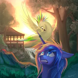 Size: 2968x2941 | Tagged: safe, artist:rublegun, derpibooru import, princess celestia, princess luna, alicorn, bird, pony, birdified, eye contact, female, floppy ears, frown, gritted teeth, looking at each other, looking up, mare, nature, open mouth, river, s1 luna, scenery, scenery porn, shocked, signature, smiling, species swap, spread wings, tree, waterfall, wide eyes, wings, worried