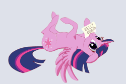Size: 750x500 | Tagged: safe, artist:szafir87, derpibooru import, twilight sparkle, twilight sparkle (alicorn), alicorn, pony, animated, bellyrub request, blinking, blue background, bronybait, cute, eye shimmer, female, flapping, floppy ears, gif, gray background, hnnng, hoofy-kicks, legs in air, looking at you, looking back, mare, mouth hold, on back, simple background, smiling, solo, spread wings, szafir87 is trying to murder us, twiabetes, weapons-grade cute, wings
