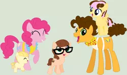 Size: 889x525 | Tagged: safe, artist:lost-our-dreams, derpibooru import, cheese sandwich, pinkie pie, oc, oc:cotton candy chocolate sprinkles, oc:smart cookie, oc:string cheese, earth pony, pegasus, pony, apron, baby, baby pony, base used, cheesepie, clothes, colt, female, filly, male, offspring, parent:cheese sandwich, parent:pinkie pie, parents:cheesepie, shipping, straight