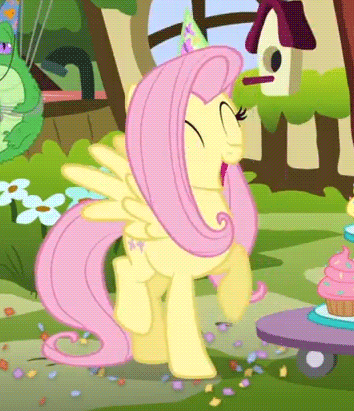 Size: 354x411 | Tagged: safe, derpibooru import, screencap, fluttershy, gummy, alligator, pegasus, pony, happy birthday to you!, animated, cupcake, cute, daaaaaaaaaaaw, dancing, female, food, gif, hat, mare, netflix, party hat, perfect loop, shyabetes, solo focus, tallershy, trotting, trotting in place