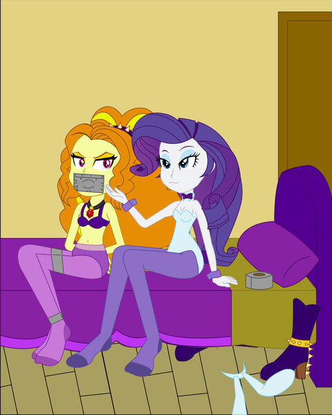 Size: 800x1000 | Tagged: questionable, artist:tiger99, derpibooru import, adagio dazzle, rarity, equestria girls, rainbow rocks, bondage, bra, breasts, bunny ears, bunny suit, clothes, gag, leotard, panties, pantyhose, tape bondage, tape gag, underwear