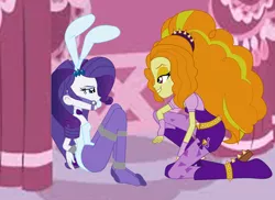 Size: 1198x871 | Tagged: suggestive, artist:tiger99, derpibooru import, adagio dazzle, rarity, equestria girls, rainbow rocks, ballgag, bondage, breasts, bunny ears, bunny girl, bunny suit, clothes, gag, leotard, missing shoes, pantyhose, tape bondage