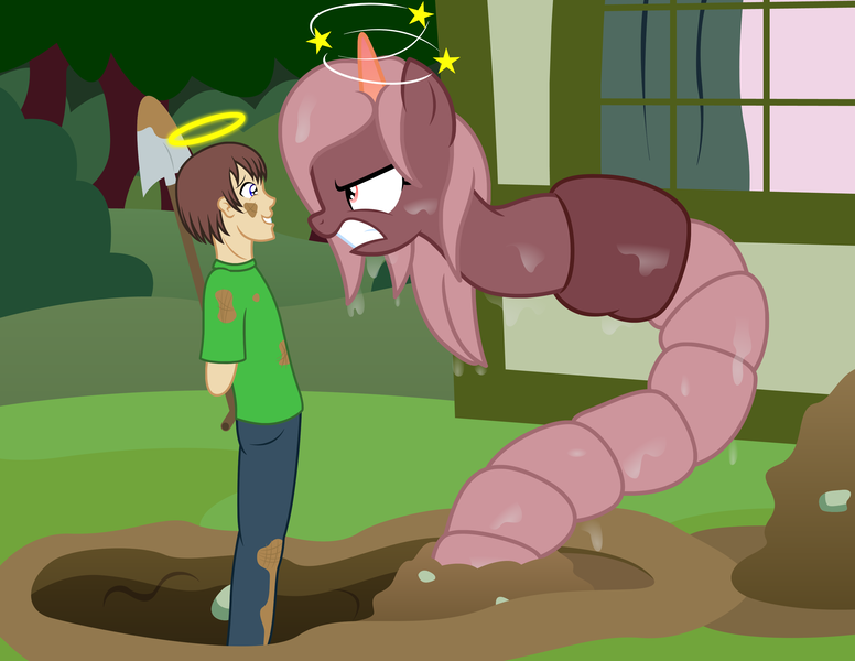 Size: 3300x2550 | Tagged: safe, artist:badumsquish, derpibooru import, oc, oc:annelida, oc:generic messy hair anime anon, unofficial characters only, earthworm, human, monster pony, original species, worm, worm pony, accident, angry, badumsquish strikes again, circling stars, death stare, dirty, female, frown, glare, grin, halo, head lump, hole, innocent, male, now you fucked up, pain, puppy dog eyes, sheepish grin, shovel, slimy, smiling, stars, this will end in tears