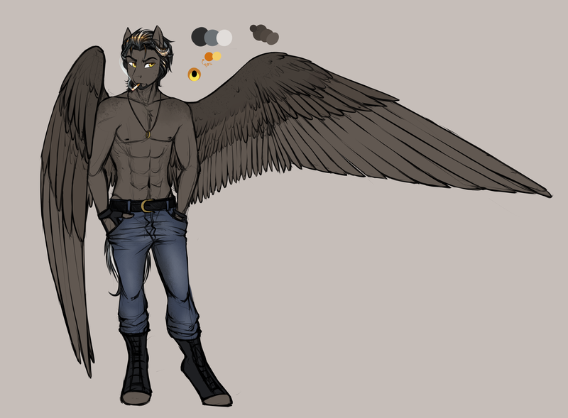 Size: 5321x3919 | Tagged: abs, anthro, anthro oc, artist:askbubblelee, clothes, derpibooru import, dilf, hands in pockets, large wings, male, oc, oc:smokescreen, pants, partial nudity, pegasus, reference sheet, simple background, smoking, solo, solo male, suggestive, topless, unguligrade anthro, unofficial characters only, wings