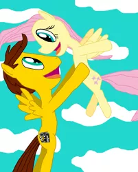 Size: 2070x2574 | Tagged: safe, artist:sb1991, derpibooru import, fluttershy, oc, oc:film reel, pony, canon x oc, cloud, flying, happy, pairings, sky