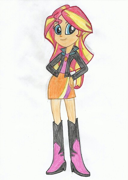 Size: 1660x2337 | Tagged: safe, artist:cybertronianbrony, derpibooru import, sunset shimmer, equestria girls, boots, clothes, female, high heel boots, shoes, skirt, smiling, solo, traditional art