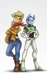 Size: 1080x1712 | Tagged: anthro, applejack, artist:quynzel, belt, boots, buzz lightyear, clothes, cowboy boots, cowboy hat, crossed arms, crossover, derpibooru import, disney, freckles, hat, pants, rainbow dash, safe, shoes, spacesuit, toy story, unguligrade anthro, woody