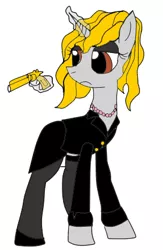 Size: 287x439 | Tagged: artist:ranto, artist:timejumper, business suit, clothes, derpibooru import, golden gun, gun, handgun, jewelry, necklace, oc, oc:opalescent hayschting, pearl necklace, revolver, safe, shoes, skirt, stockings, thigh highs, unofficial characters only