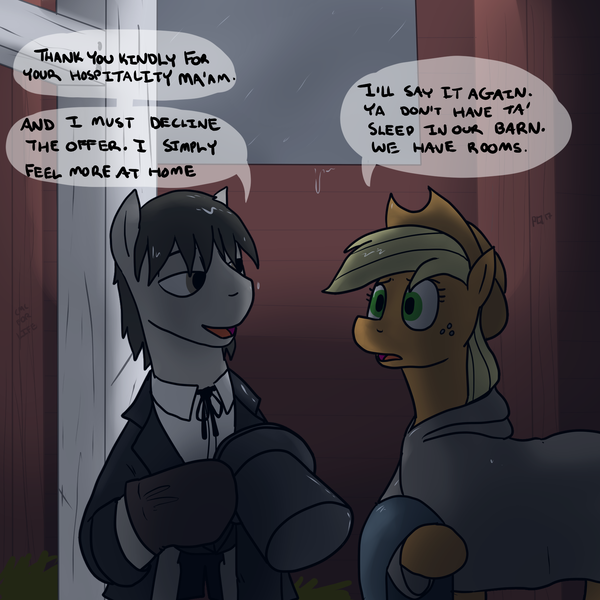 Size: 1800x1800 | Tagged: safe, artist:pony quarantine, derpibooru import, applejack, earth pony, pony, barn, beam, clothes, coat, cowboy hat, female, grey sky, hat, male, manners, mare, poncho, rain, ribbon, stallion, stovetop hat, text, traveller, warpone, wet, why yes i was raised in a barn, window