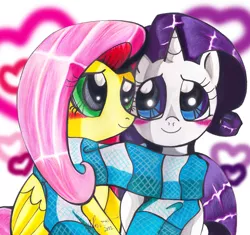 Size: 616x578 | Tagged: safe, artist:aurora-chiaro, derpibooru import, fluttershy, rarity, blushing, clothes, female, flarity, lesbian, scarf, shared clothing, shared scarf, shipping, traditional art