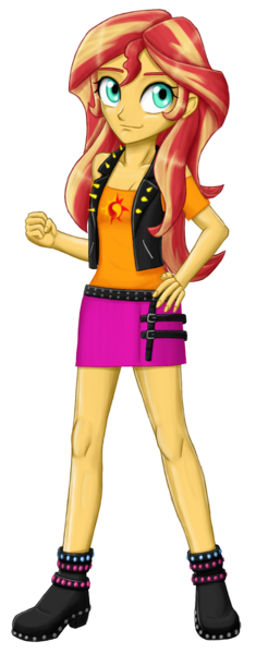 Size: 1156x2952 | Tagged: safe, artist:artemis-polara, derpibooru import, sunset shimmer, equestria girls, equestria girls series, boots, breasts, cleavage, clothes, cute, female, hand on hip, jacket, leather jacket, legs, moe, shirt, shoes, simple background, skirt, smiling, solo, transparent background, vest