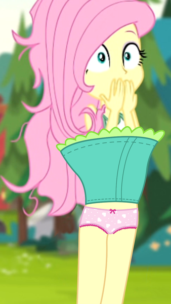 Size: 972x1727 | Tagged: suggestive, derpibooru import, edit, edited screencap, editor:liggliluff, screencap, fluttershy, equestria girls, legend of everfree, clothes, female, frilly underwear, heart, heart print underwear, panties, pink underwear, ribbon, skirt, skirt flip, skirt lift, solo, solo female, underwear, wardrobe malfunction