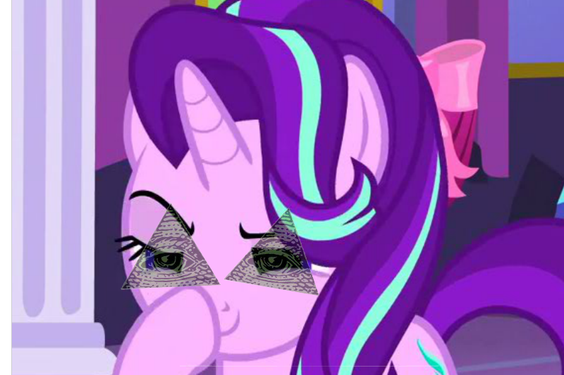 Size: 800x533 | Tagged: safe, derpibooru import, edit, edited screencap, screencap, starlight glimmer, pony, unicorn, no second prances, boop, cropped, empty eyes, exploitable meme, glimmerposting, illuminati, lidded eyes, meme, raised eyebrow, self-boop, smiling, smirk, solo