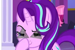 Size: 800x533 | Tagged: safe, derpibooru import, edit, edited screencap, screencap, starlight glimmer, pony, unicorn, no second prances, boop, cropped, empty eyes, exploitable meme, glimmerposting, illuminati, lidded eyes, meme, raised eyebrow, self-boop, smiling, smirk, solo