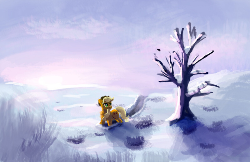 Size: 2000x1300 | Tagged: safe, artist:xbi, derpibooru import, applejack, earth pony, pony, 30 minute art challenge, bare tree, color porn, female, mare, scenery, snow, solo, tree, winter