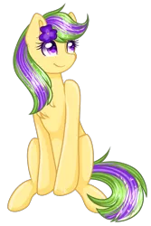 Size: 1299x1949 | Tagged: safe, artist:sketchyhowl, derpibooru import, oc, oc:purple pansy, unofficial characters only, earth pony, pony, female, flower, flower in hair, mare, simple background, sitting, solo, transparent background