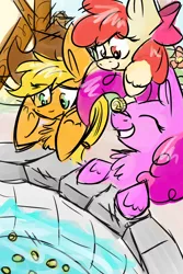 Size: 1024x1536 | Tagged: safe, artist:northwindsmlp, derpibooru import, apple bloom, applejack, pinkie pie, pony, bits, well, wishing well