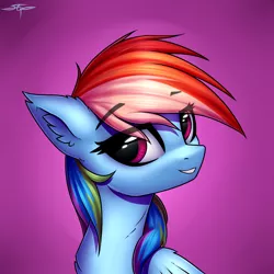 Size: 3000x3000 | Tagged: safe, artist:setharu, derpibooru import, rainbow dash, pegasus, pony, bust, chest fluff, ear fluff, female, grin, head turn, lidded eyes, looking at you, mare, multicolored hair, portrait, signature, smiling, solo