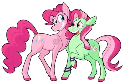 Size: 1242x825 | Tagged: safe, artist:zerogravitybadger, derpibooru import, minty, pinkie pie, earth pony, pony, female, g3, g3 to g4, generation leap, lesbian, mare, mintypie, open mouth, raised hoof, shipping, simple background, smiling, transparent background