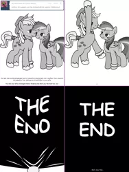 Size: 1204x1604 | Tagged: safe, artist:dekomaru, derpibooru import, rainbow dash, pony, tumblr:ask twixie, and then sex happened, appledash, applejack (male), applestuck, ask, bedroom eyes, bipedal, female, grayscale, male, monochrome, rule 63, shipping, straight, transformation, tumblr