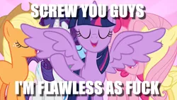 Size: 1400x788 | Tagged: alicorn, attention horse, bad choreography, derpibooru import, edit, edited screencap, fame and misfortune, flawless, image macro, meme, narcissism, safe, screencap, twilight sparkle, twilight sparkle (alicorn), vulgar