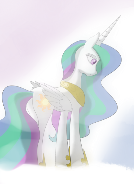 Size: 2200x3000 | Tagged: safe, artist:rengam, derpibooru import, princess celestia, alicorn, pony, female, fog, mare, sad, solo