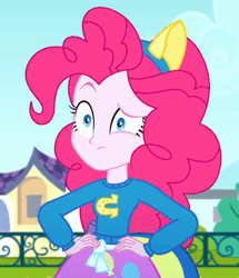 Size: 387x450 | Tagged: safe, derpibooru import, screencap, pinkie pie, eqg summertime shorts, equestria girls, steps of pep, animated, blinking, clothes, confused, gif, hand on hip, image, raised eyebrow, skirt, solo, well this is confusing, wondercolts uniform