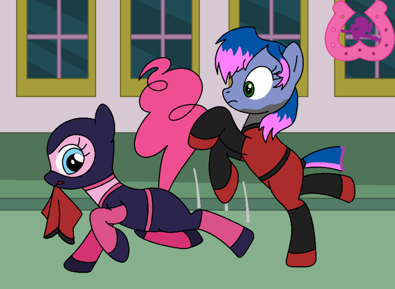 Size: 1077x789 | Tagged: artist:author92, brightly colored ninjas, canterlot, derpibooru import, fight, kunoichi, martial arts, mask, ninja, oc, pinkie pie, safe, series:siege of canterlot, surprised, sweep kick, unmasked