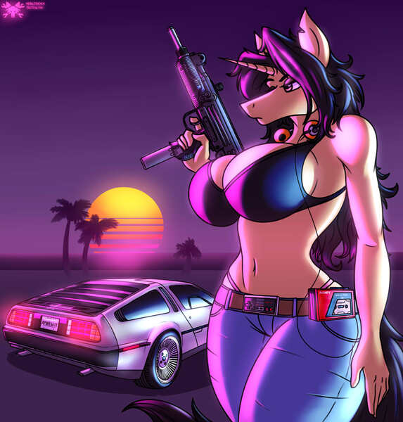 Size: 2100x2200 | Tagged: 80s, anthro, artist:metalfoxxx, big breasts, breasts, car, cleavage, clothes, color porn, delorean, derpibooru import, female, gun, headphones, huge breasts, no trigger discipline, oc, oc:amber steel, panties, retrowave, solo, submachinegun, suggestive, thong, underwear, unofficial characters only, uzi, walkman, weapon