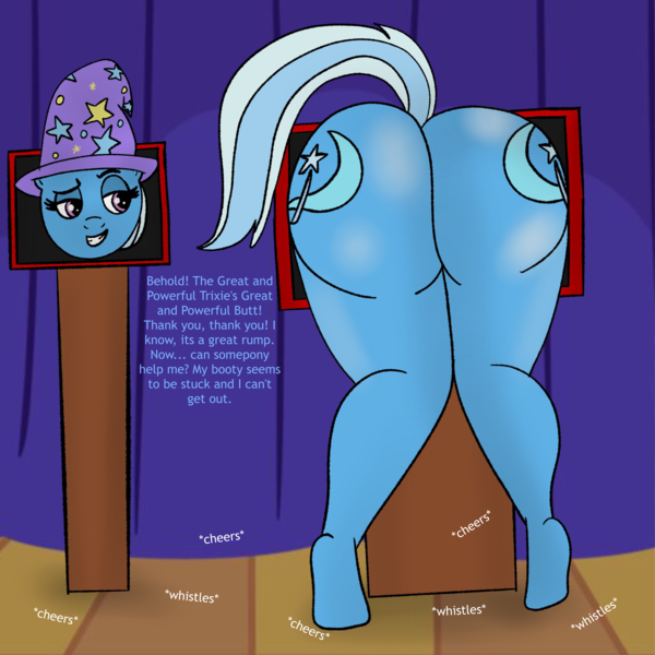 Size: 8534x8534 | Tagged: absurd resolution, anthro, artist:boman100, ass, both cutie marks, butt, buttstuck, clothes, derpibooru import, didn't think this through, female, hat, magic show, magic trick, modular, solo, solo female, stuck, suggestive, the ass was fat, the ass was too fat, the great and powerful ass, trixie, trixie's hat, unguligrade anthro