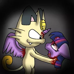 Size: 500x500 | Tagged: alicorn, alicorn wings, artist:lopez765, blood, crossover, dead, decapitated, derpibooru import, grimdark, grimderp, horn, implied murder, meowth, ow the edge, pokémon, severed head, twilight sparkle, wings