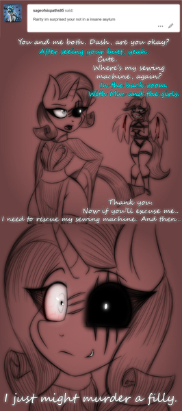 Size: 530x1197 | Tagged: semi-grimdark, artist:lil miss jay, derpibooru import, rainbow dash, rarity, anthro, ask lil miss rarity, lil-miss rarity, comic, eyeliner, makeup, saddledash, tumblr