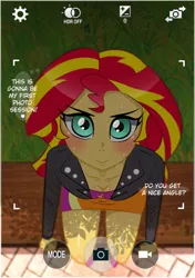 Size: 400x569 | Tagged: dead source, suggestive, artist:tsudashie, derpibooru import, sunset shimmer, equestria girls, adorasexy, bench, blushing, breasts, camera shot, cleavage, cute, downblouse, female, female focus, grass, image, imminent blowjob, looking at you, looking up, offscreen character, photo, png, sexy, smiling, solo focus, sweat, text, thighs