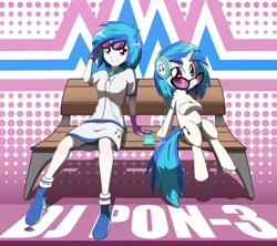 Size: 2829x2512 | Tagged: safe, artist:shidodo, derpibooru import, vinyl scratch, pony, equestria girls, bench, boots, clothes, cute, duo, headphones, human ponidox, looking at each other, moe, self ponidox, shoes, sitting, skirt, smiling, solo, sunglasses, vinylbetes