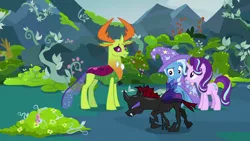 Size: 1280x720 | Tagged: safe, derpibooru import, screencap, pharynx, starlight glimmer, thorax, trixie, changedling, changeling, pony, unicorn, to change a changeling, king thorax