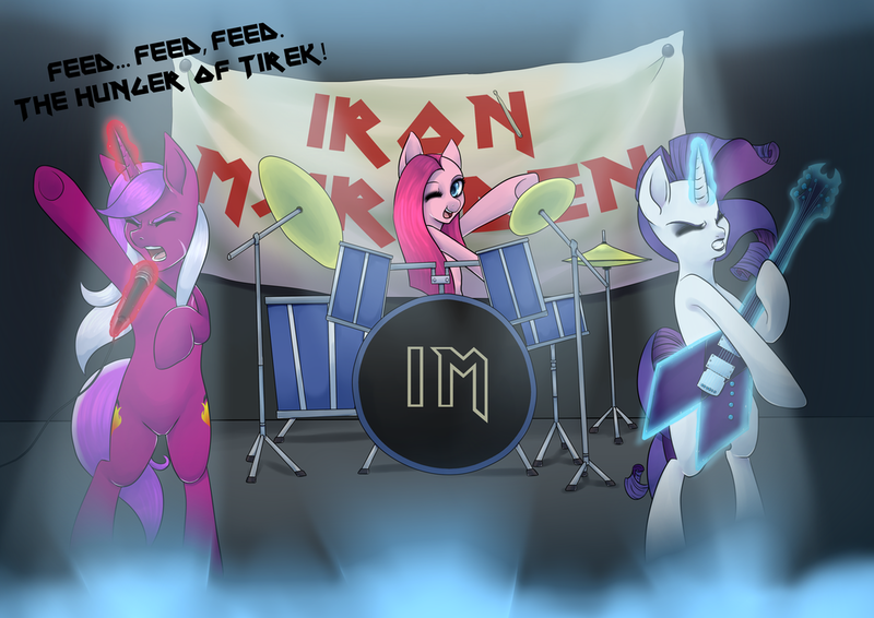 Size: 1024x724 | Tagged: safe, artist:quila111, derpibooru import, pinkie pie, rarity, oc, oc:burning passion, ponified, pony, bipedal, drums, glowing horn, guitar, iron maiden, iron mareden, lights, magic, microphone, stage, telekinesis