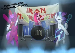 Size: 1024x724 | Tagged: safe, artist:quila111, derpibooru import, pinkie pie, rarity, oc, oc:burning passion, ponified, pony, bipedal, drums, glowing horn, guitar, iron maiden, iron mareden, lights, magic, microphone, stage, telekinesis