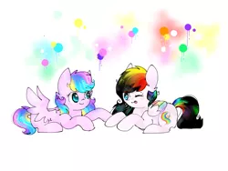 Size: 2048x1536 | Tagged: safe, artist:pinkflutter, derpibooru import, oc, oc:flinkie, oc:rainbow noir, unofficial characters only, pegasus, pony, colored wings, female, mare, multicolored wings, one eye closed, prone, tongue out, wink