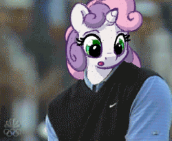 Size: 443x365 | Tagged: animated, anthro, artist:bobdude0, clothes, derpibooru import, gif, human, irl, irl human, photo, reaction image, safe, solo focus, sweetie belle, tiger woods, vest, wat