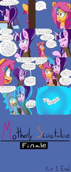 Size: 2000x4800 | Tagged: safe, artist:jake heritagu, derpibooru import, scootaloo, starlight glimmer, oc, oc:lightning blitz, pegasus, pony, comic:ask motherly scootaloo, baby, baby pony, blue background, cloak, clothes, colt, comic, dialogue, female, hairpin, holding a pony, male, mother and son, motherly scootaloo, offspring, older, older scootaloo, parent:rain catcher, parent:scootaloo, parents:catcherloo, simple background, sleeping, smug, smuglight glimmer, speech bubble, sweatshirt, teleportation, waking up