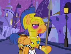 Size: 800x600 | Tagged: safe, artist:thereallegend123, derpibooru import, edit, flash sentry, pegasus, pony, :t, abuse, abuse edit, bandage, black eye, bruised, cast, crutches, exploitable meme, flashabuse, idiot sentry, injured, male, penis drawing, puffy cheeks, ruffled feathers, solo, spear, stallion, swollen, tattoo, torn ear, tribal, weapon