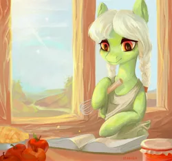 Size: 5848x5472 | Tagged: safe, artist:utauyan, derpibooru import, granny smith, pony, absurd resolution, adorasmith, apple, apple pie, book, cute, egg beater, food, pie, young granny smith, younger