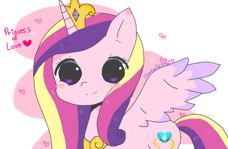 Size: 1392x908 | Tagged: safe, artist:chametzkiwi, derpibooru import, princess cadance, alicorn, pony, abstract background, cute, cutedance, heart, smiling, solo