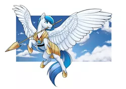 Size: 2000x1426 | Tagged: safe, artist:romyvdhel-art, derpibooru import, oc, oc:winterspear, unofficial characters only, pegasus, pony, armor, female, flying, guard, guardsmare, mare, mouth hold, royal guard, solo, spear, weapon