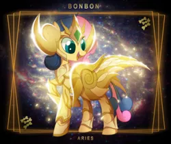 Size: 3840x3232 | Tagged: safe, artist:zidanemina, derpibooru import, bon bon, sweetie drops, earth pony, pony, aries, armor, crossover, female, god cloth, helmet, mare, raised hoof, saint seiya, solo, zodiac