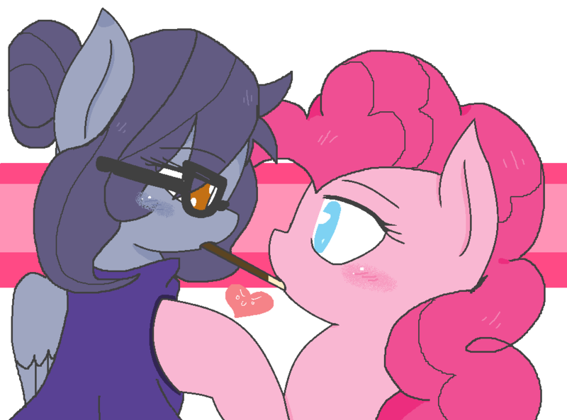 Size: 976x724 | Tagged: safe, artist:chametzkiwi, derpibooru import, pinkie pie, oc, pegasus, pony, blushing, canon x oc, female, food, glasses, heart, lesbian, mare, pocky, pocky game, shipping