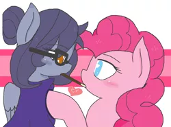 Size: 976x724 | Tagged: safe, artist:chametzkiwi, derpibooru import, pinkie pie, oc, pegasus, pony, blushing, canon x oc, female, food, glasses, heart, lesbian, mare, pocky, pocky game, shipping